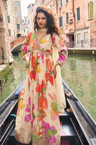 Peach partywear anarkali work