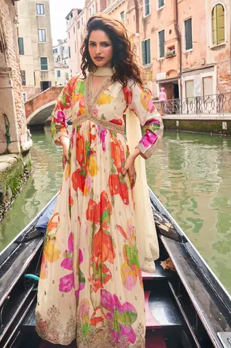 Peach partywear anarkali work