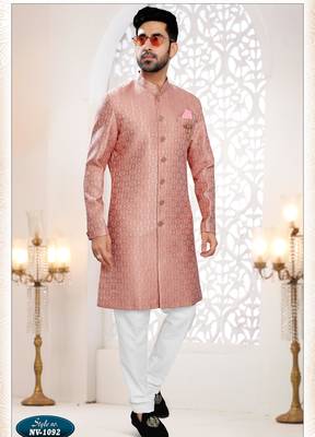 Men's pink woven jacquard thread and sequence embroidery all over kurta set 1