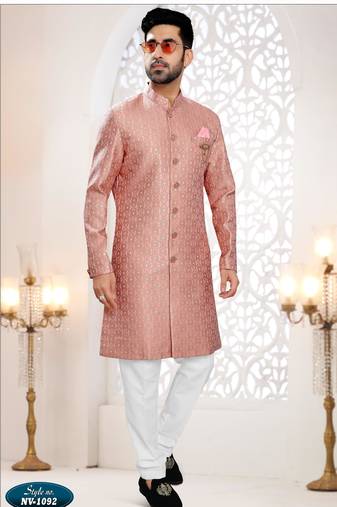 Men's pink woven jacquard thread and sequence embroidery all over  kurta set