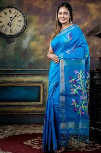 blue hand woven silk blend cotton zari work all seasons sarees
