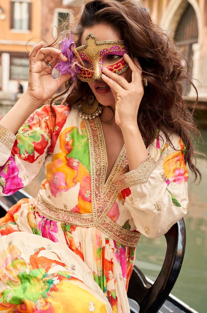 Peach partywear anarkali work