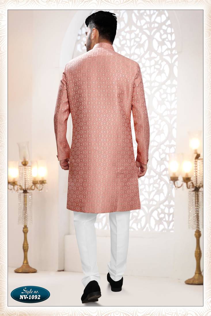 Men's pink woven jacquard thread and sequence embroidery all over  kurta set