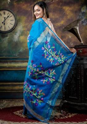 blue hand woven silk blend cotton zari work all seasons sarees 4