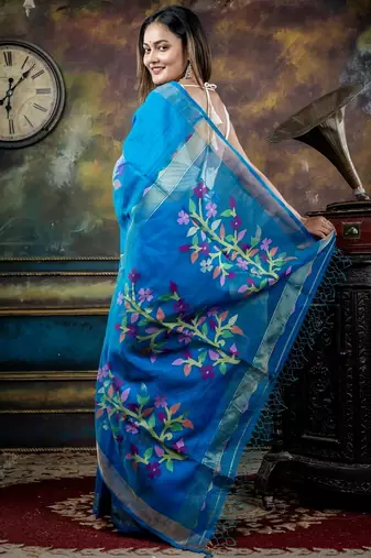 blue hand woven silk blend cotton zari work all seasons sarees