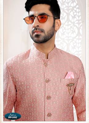 Men's pink woven jacquard thread and sequence embroidery all over kurta set 3
