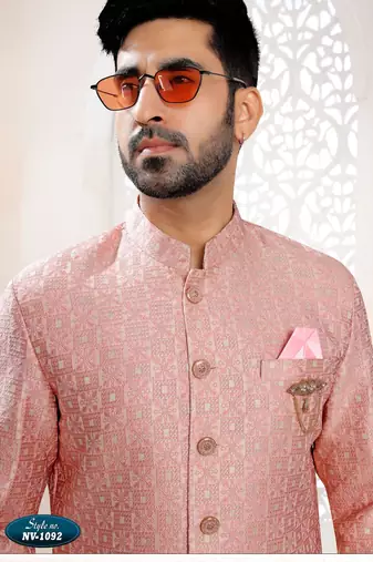 Men's pink woven jacquard thread and sequence embroidery all over  kurta set