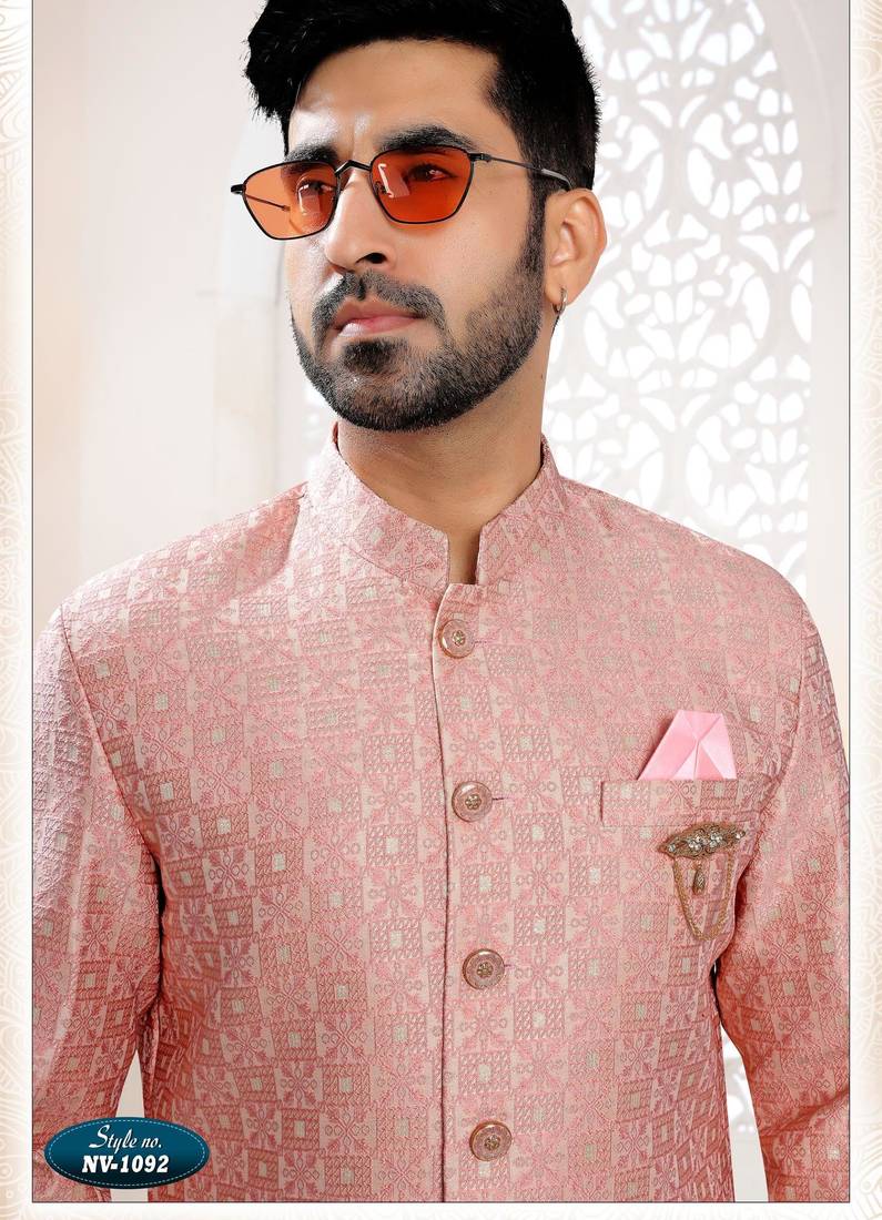 Men's pink woven jacquard thread and sequence embroidery all over  kurta set