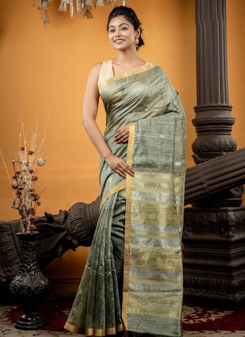 green hand woven silk blend zari work all seasons sarees