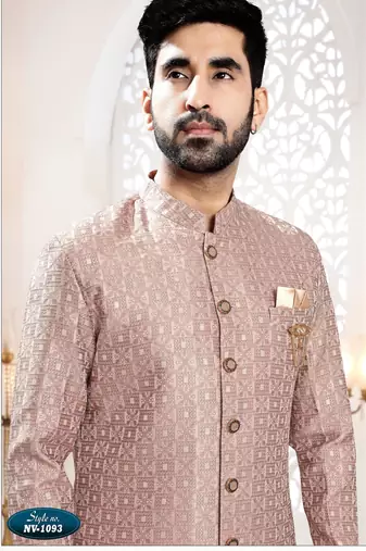 Men's onion woven jacquard thread and sequence embroidery all over  kurta set