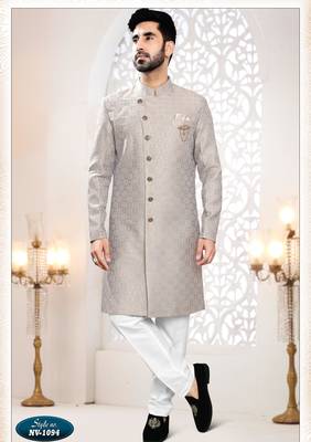 Men's Grey woven jacquard thread and sequence embroidery all over kurta set 1