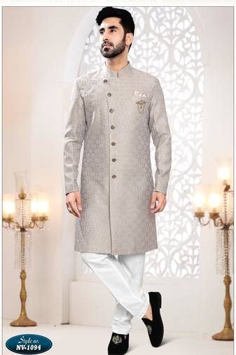 Men's Grey woven jacquard thread and sequence embroidery all over  kurta set
