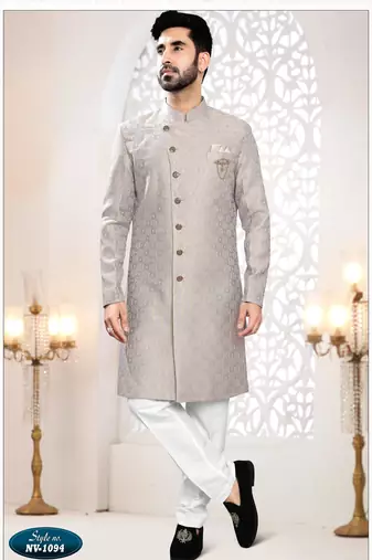 Men's Grey woven jacquard thread and sequence embroidery all over  kurta set
