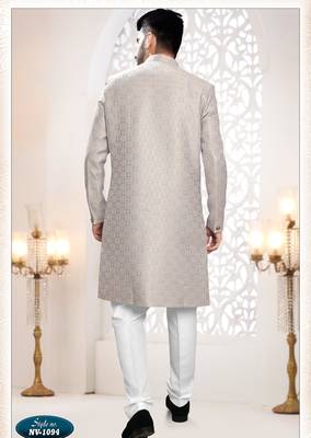 Men's Grey woven jacquard thread and sequence embroidery all over kurta set 2