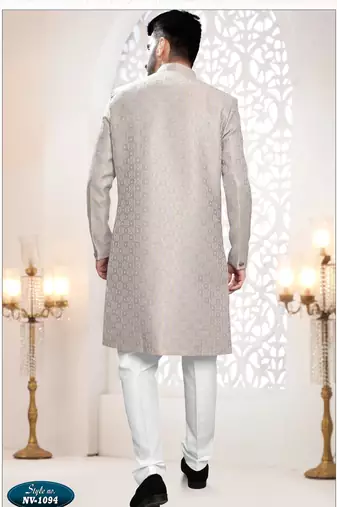 Men's Grey woven jacquard thread and sequence embroidery all over  kurta set