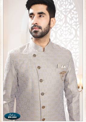 Men's Grey woven jacquard thread and sequence embroidery all over kurta set 3