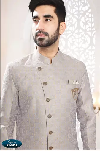 Men's Grey woven jacquard thread and sequence embroidery all over  kurta set