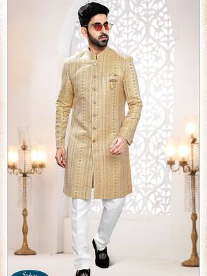 Men's yellow woven jacquard thread and sequence embroidery all over kurta set 1