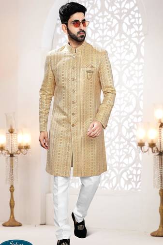 Men's yellow woven jacquard thread and sequence embroidery all over  kurta set