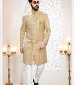 Men's yellow woven jacquard thread and sequence embroidery all over  kurta set