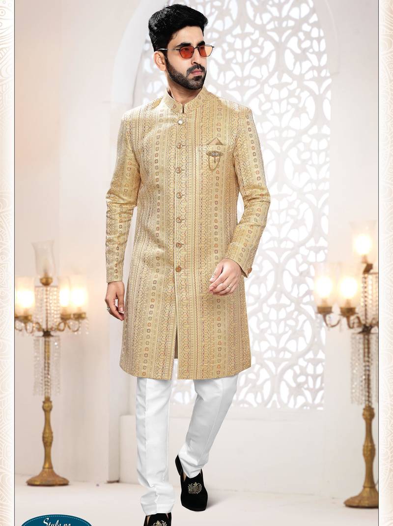 Men's yellow woven jacquard thread and sequence embroidery all over  kurta set