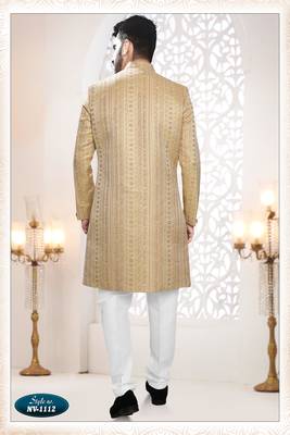 Men's yellow woven jacquard thread and sequence embroidery all over kurta set 2