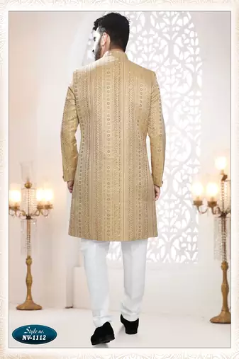 Men's yellow woven jacquard thread and sequence embroidery all over  kurta set