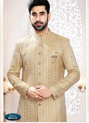 Men's yellow woven jacquard thread and sequence embroidery all over kurta set 3