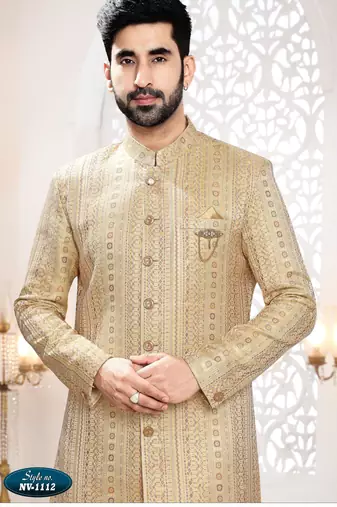 Men's yellow woven jacquard thread and sequence embroidery all over  kurta set