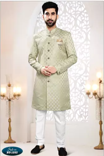 Men's green woven jacquard self design in fabric kurta set