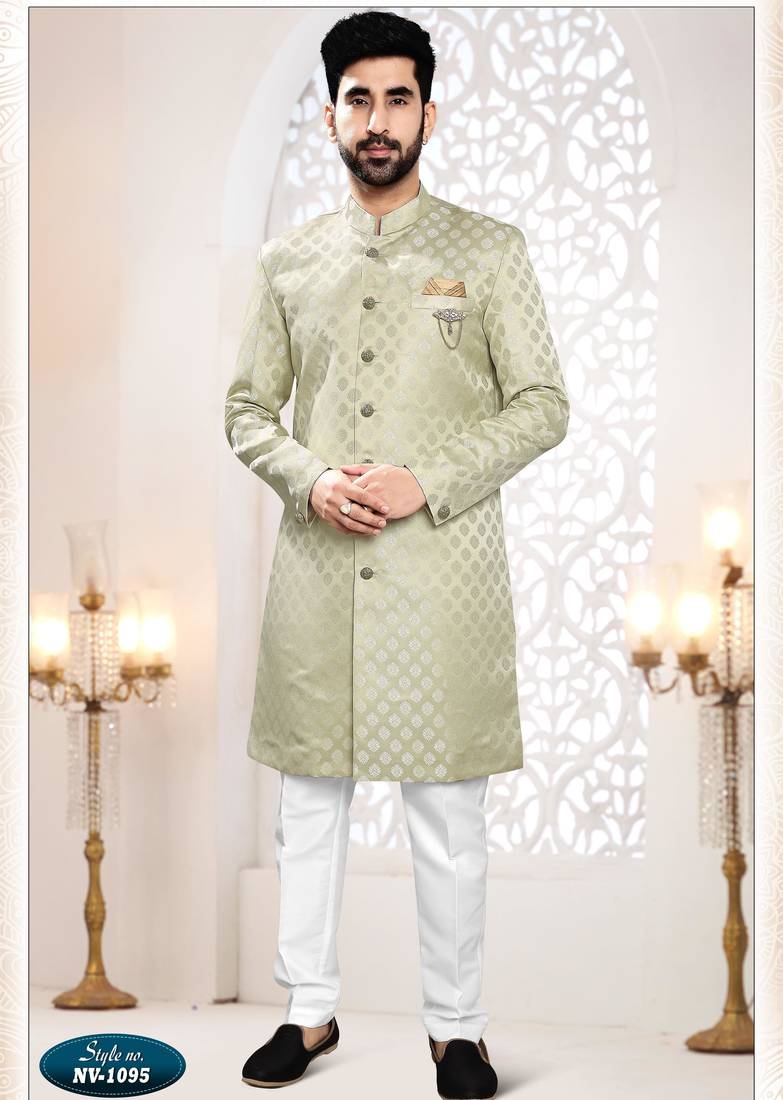 Men's green woven jacquard self design in fabric kurta set