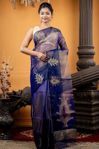 blue hand woven silk blend cotton zari work all seasons sarees
