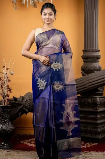 blue hand woven silk blend cotton zari work all seasons sarees