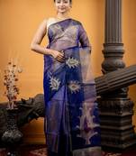 blue hand woven silk blend cotton zari work all seasons sarees