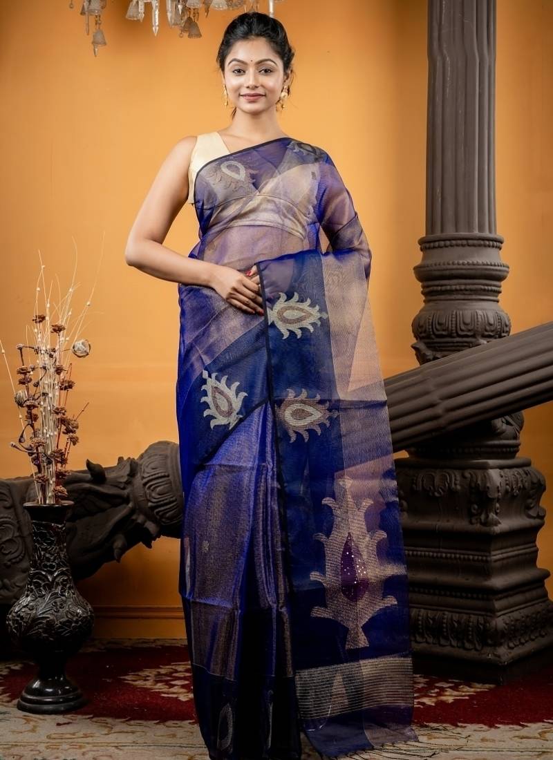 blue hand woven silk blend cotton zari work all seasons sarees
