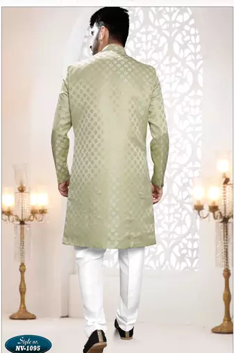 Men's green woven jacquard self design in fabric kurta set