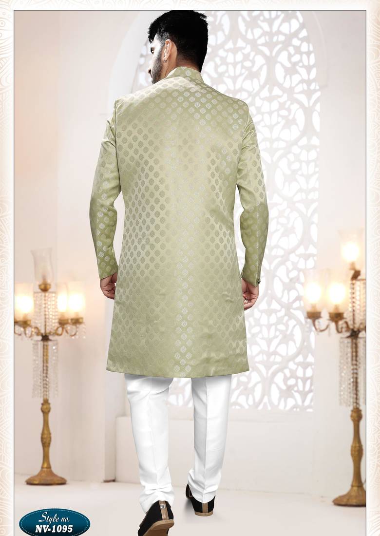 Men's green woven jacquard self design in fabric kurta set