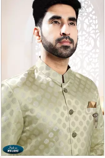 Men's green woven jacquard self design in fabric kurta set