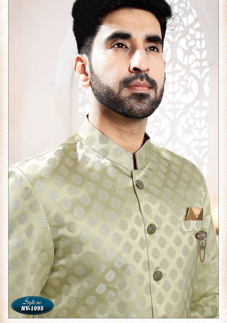 Men's green woven jacquard self design in fabric kurta set