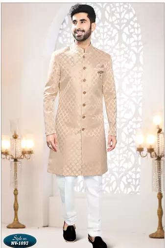 Men's cream woven jacquard self design in fabric kurta set