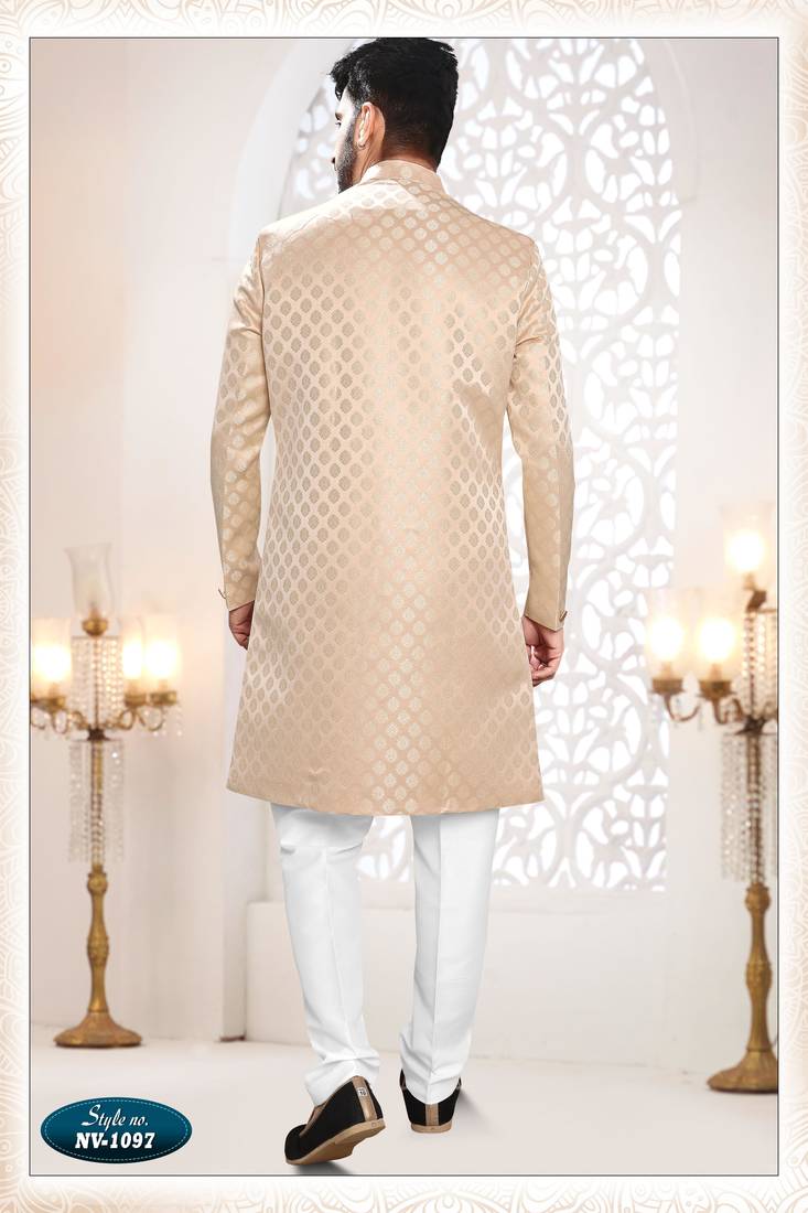 Men's cream woven jacquard self design in fabric kurta set