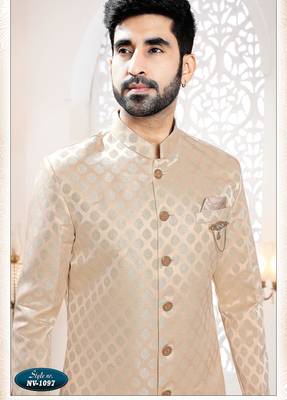 Men's cream woven jacquard self design in fabric kurta set 3