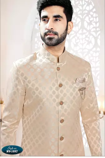 Men's cream woven jacquard self design in fabric kurta set