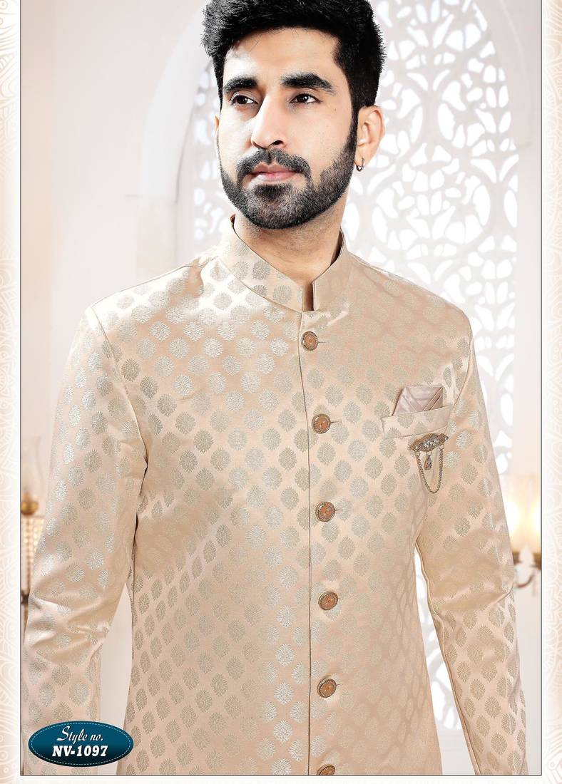 Men's cream woven jacquard self design in fabric kurta set