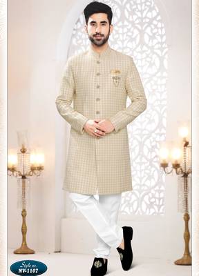 Men's cream woven jacquard thread and sequence embroidery all over kurta set 1