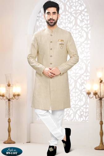 Men's cream woven jacquard thread and sequence embroidery all over  kurta set
