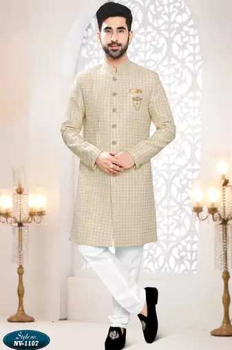 Men's cream woven jacquard thread and sequence embroidery all over  kurta set
