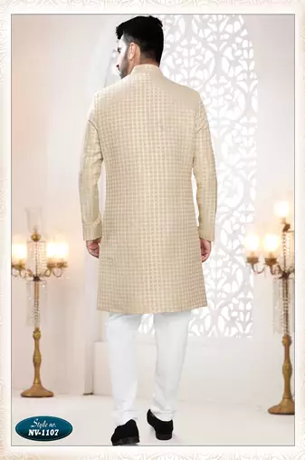 Men's cream woven jacquard thread and sequence embroidery all over  kurta set