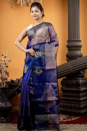 blue hand woven silk blend cotton zari work all seasons sarees