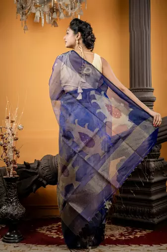 blue hand woven silk blend cotton zari work all seasons sarees